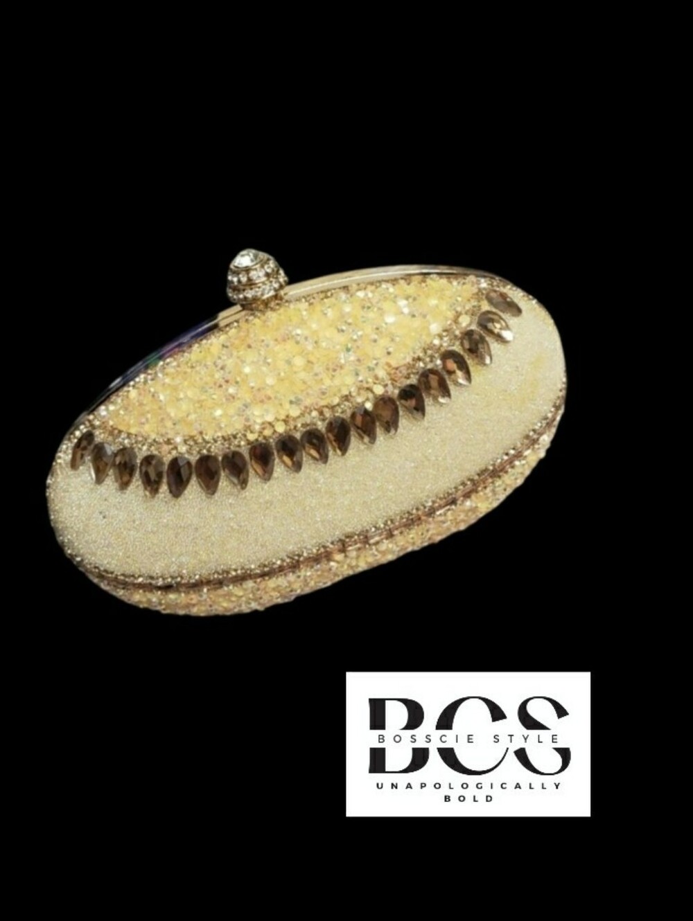 Gold Rhinestone Beaded Oval Clutch Purse Evening Bag